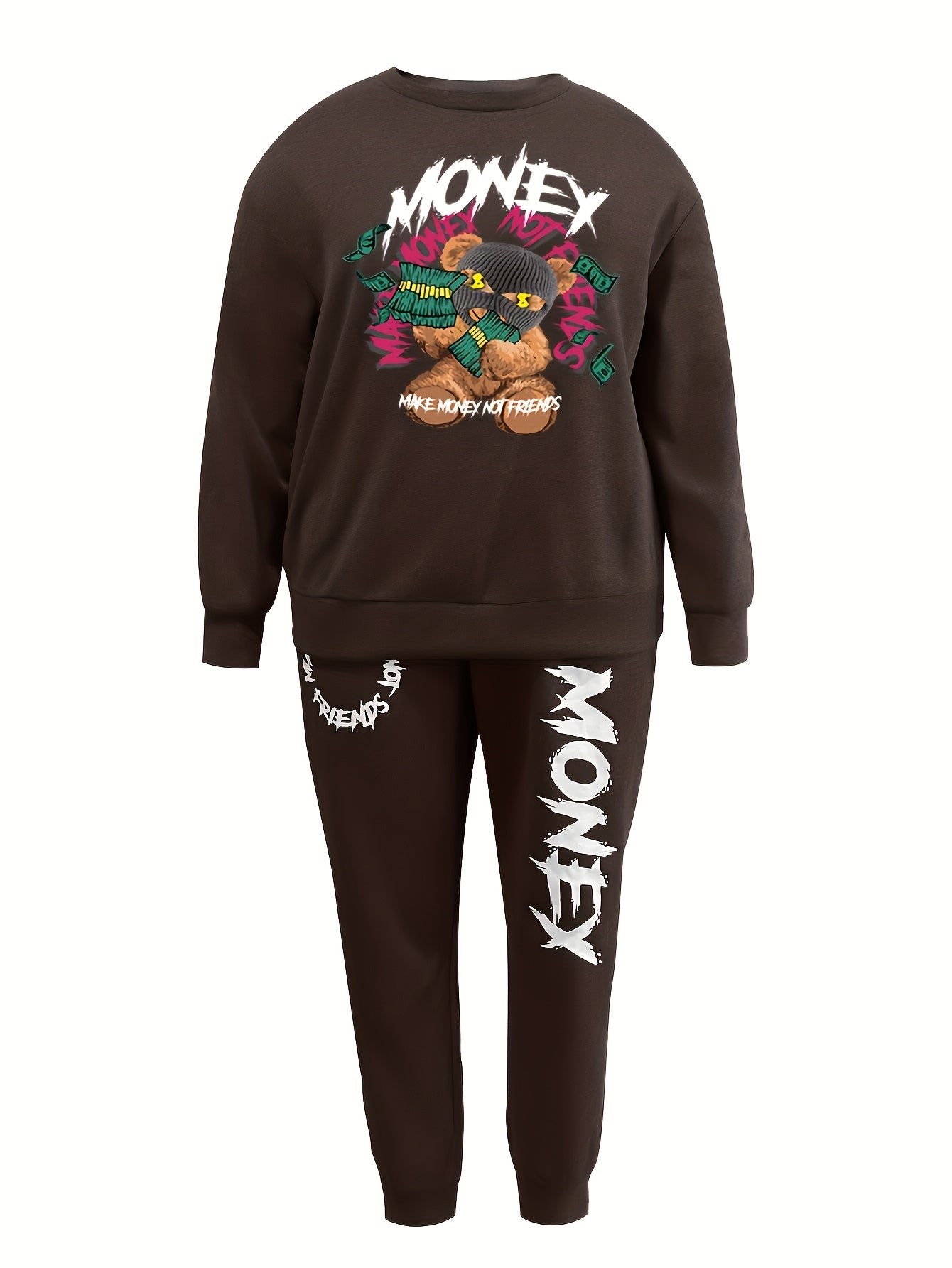 Women'S Casual Polyester Tracksuit, Crew Neck Knit Fabric Alphabet Pattern Loungewear, with Sweatshirt and Pants Set
