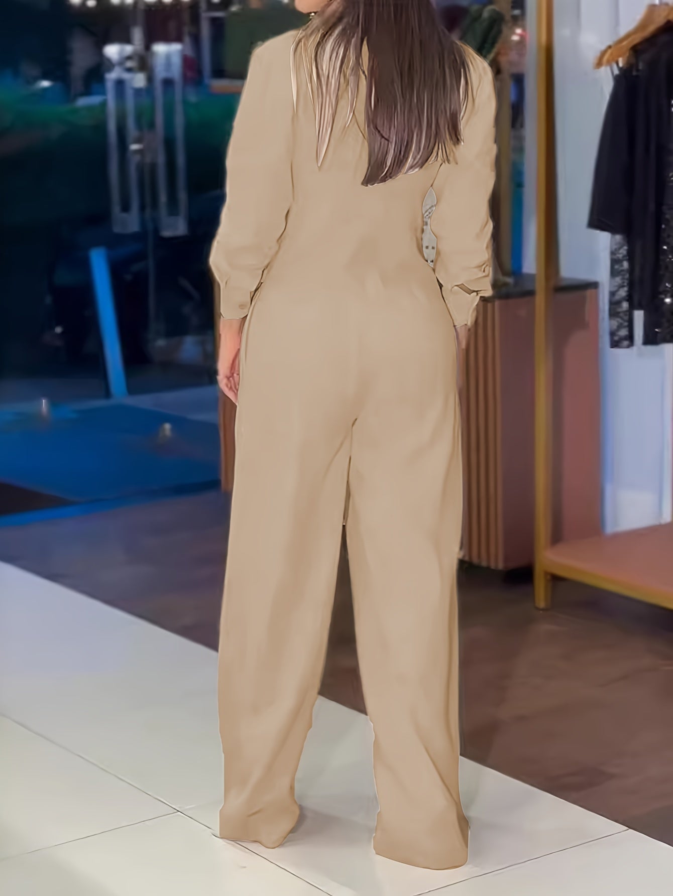 Elegant Solid Color V-Neck Jumpsuit for Women - Long Sleeve, Button-Up, Wide-Leg Design, Polyester, Machine Washable - Perfect for Spring & Fall