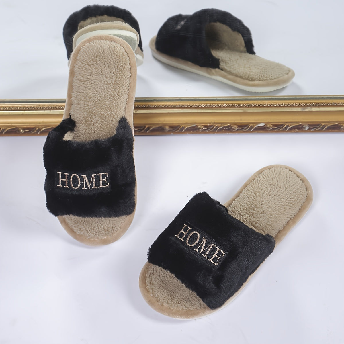 Women's Cozy Plush Home Slippers, White with "HOME" Embroidery, Soft Faux Furry Indoor Footwear, Comfortable All-Season Slip-Ons
