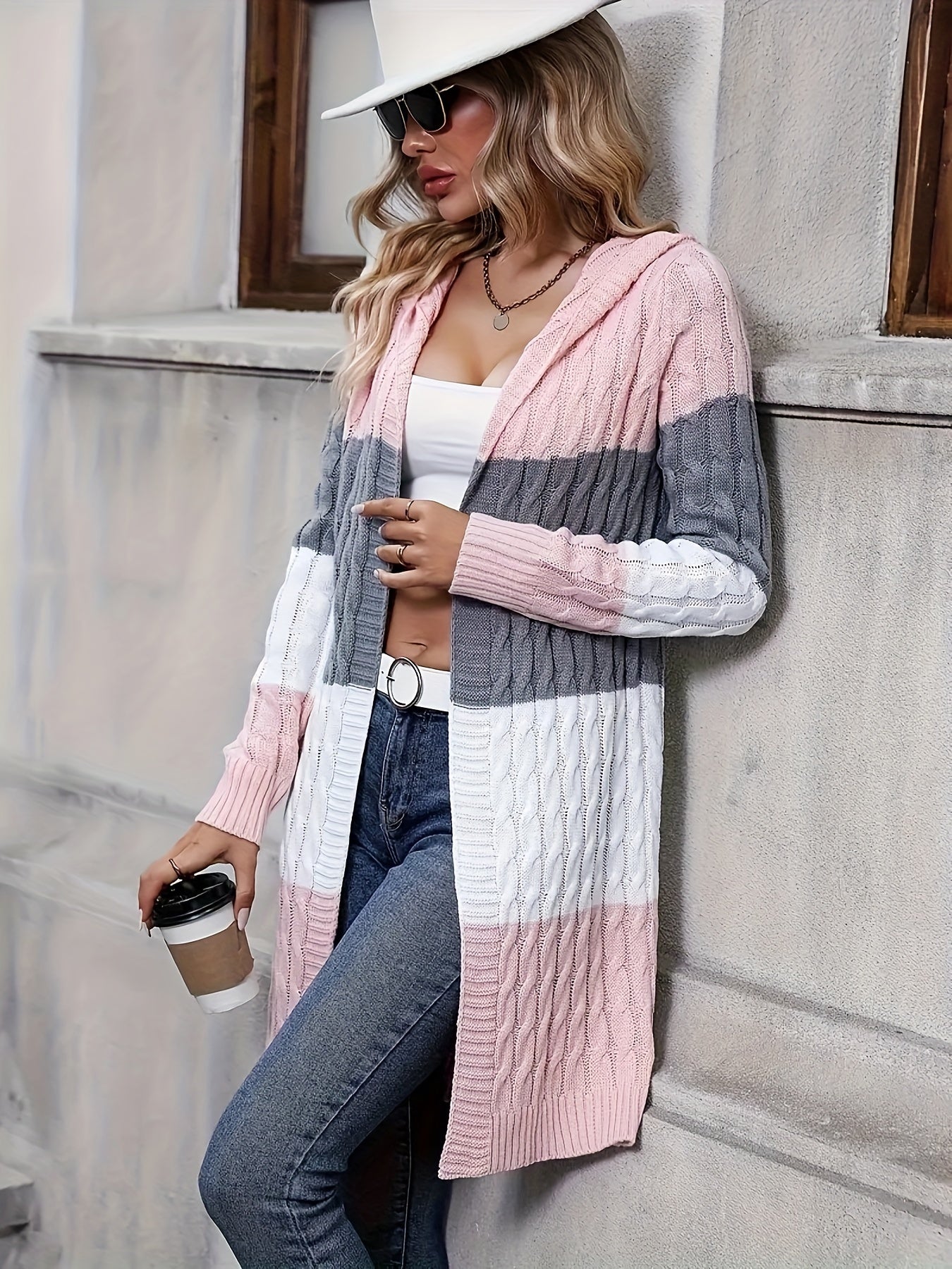Chic Twilight Striped Long Cardigan with Hood - Casual Open Front Sweater, Cozy Cable Knit, Two-Tone Color Design, Perfect for Fall/Winter, Available in Pink/Gray/White
