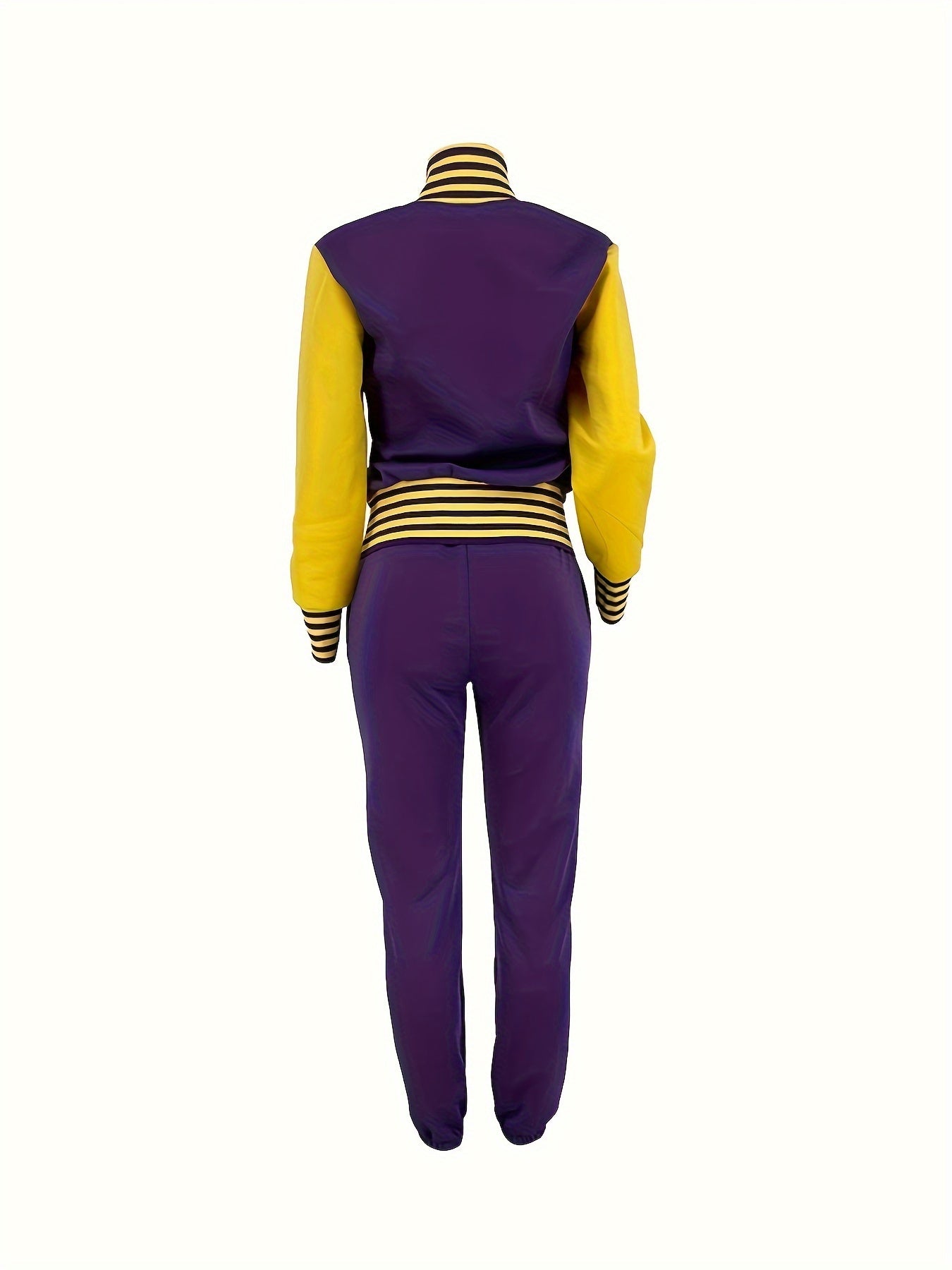 Two-piece Set, Button Front Varsity Jacket & Drawstring Jogger Pants Outfits, Letter Pattern Casual Women's Clothing