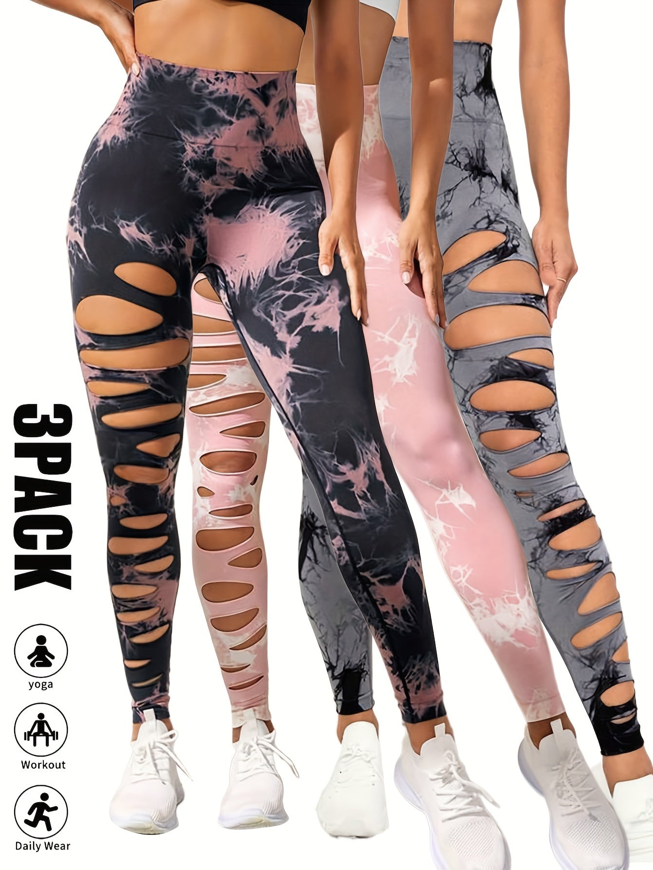 [3 Pack High Waist Yoga Leggings] 3 Pack Women's Tie Dye Cutout Tights High Waist Workout Yoga Leggings, Scrunch Butt Lifting Elastic Pants, Womens High Waist Yoga Pants Cutout Ripped Tummy Control Workout Running Yoga Skinny