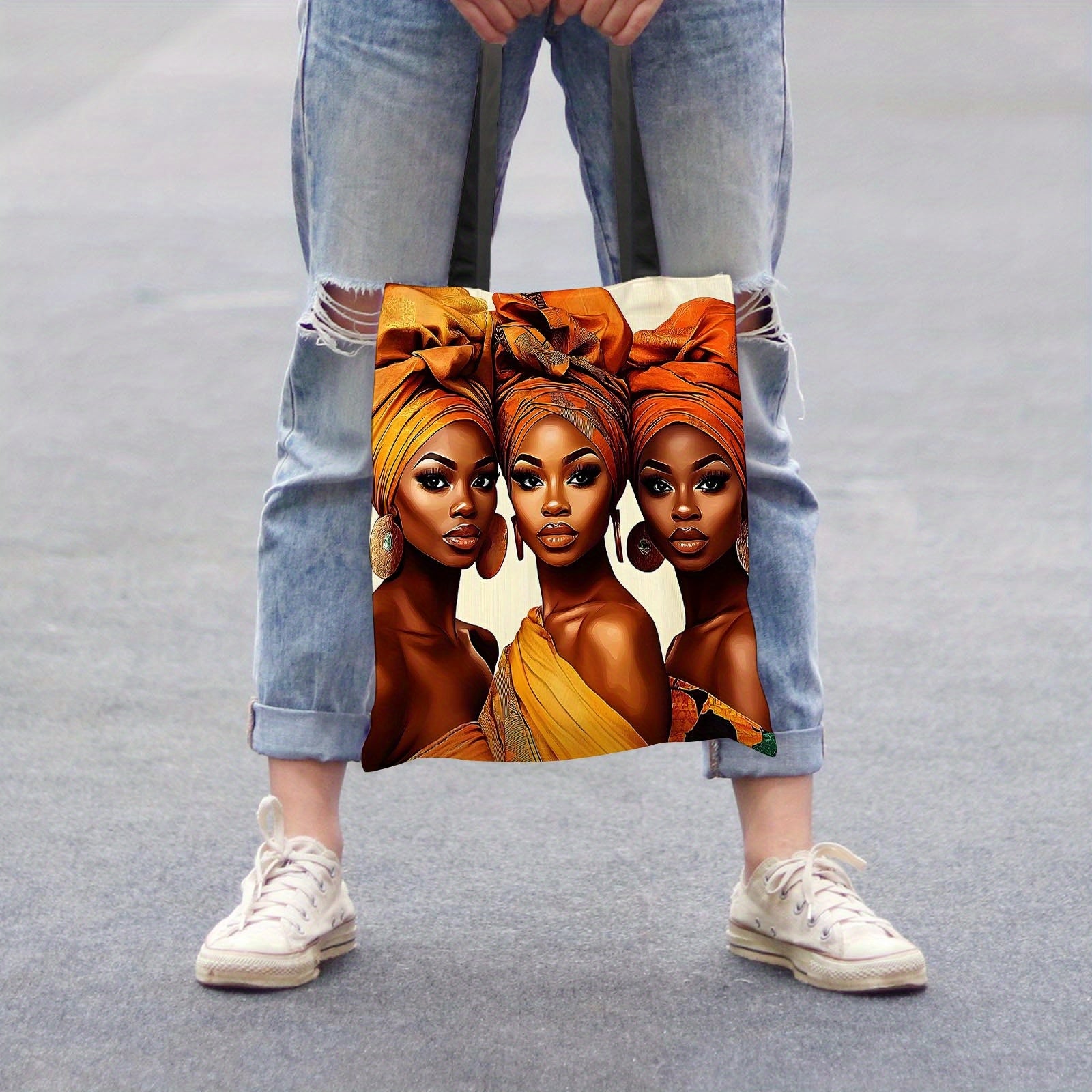 1pc African-Inspired Polyester Tote Bag, Large Capacity, Reusable Shoulder Shopping Bag with Fixed Strap, Machine Washable, Unlined, Open Closure for Daily Commute, Travel, Beach - Ideal Gift for Women and Family