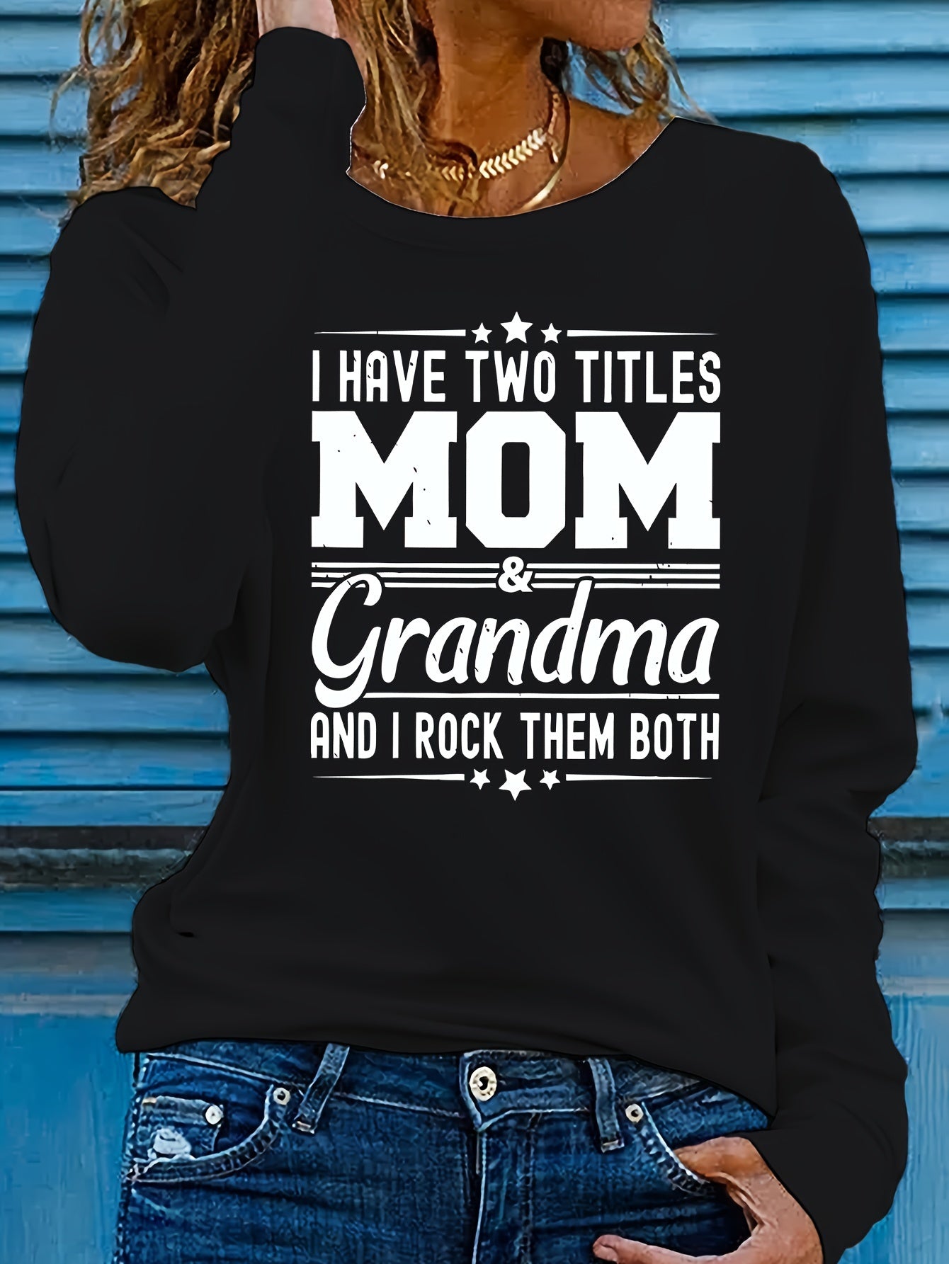 Women'S Long Sleeve Crew Neck T-Shirt with "Mom & Grandma" Letter Print, Casual Polyester Top for All Seasons, Knit Fabric with Medium Stretch, Regular Fit - Applique Detail