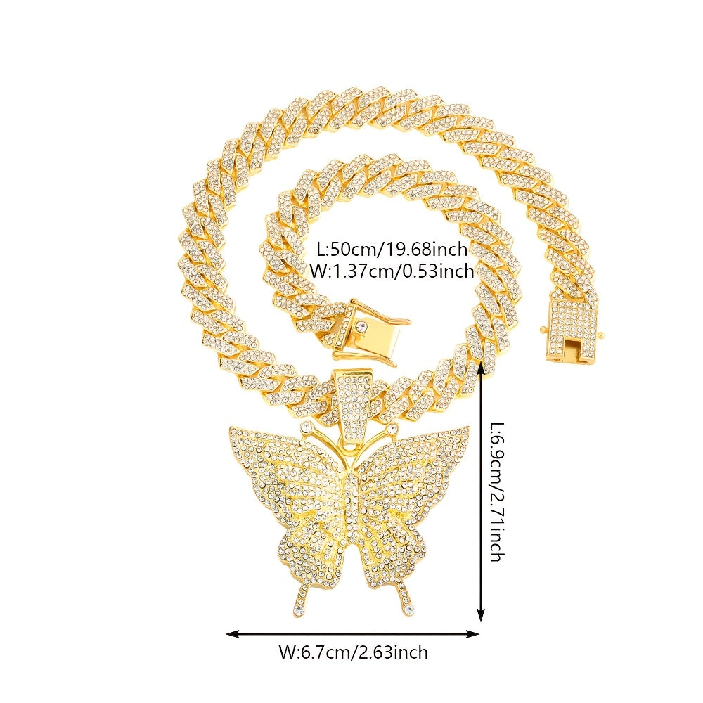 Hiphop Butterfly Pendant Necklace Setanimal themed jewelry Y2K style zinc alloychain with synthetic stone and setaperfect for parties, music festivals andValentine's Day gifts Fashion jewelry