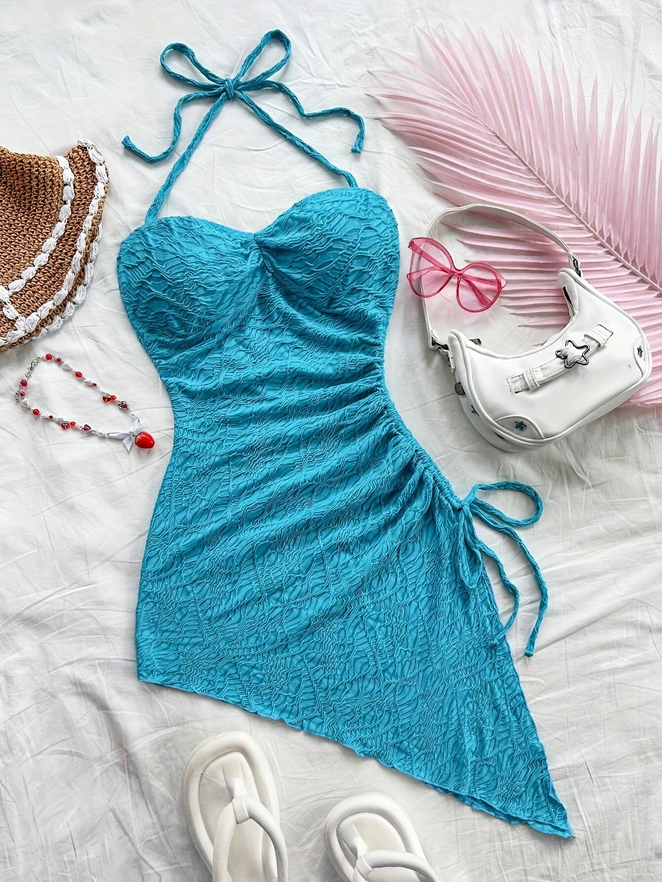 Women's Summer Jacquard Halter Dress with Asymmetrical Hem and Drawstring Detail - Vibrant Teal Blue, Vacation-Ready Wrap Style, Polyester Fabric, Perfect for Beach or Casual Outings, Beach Dress