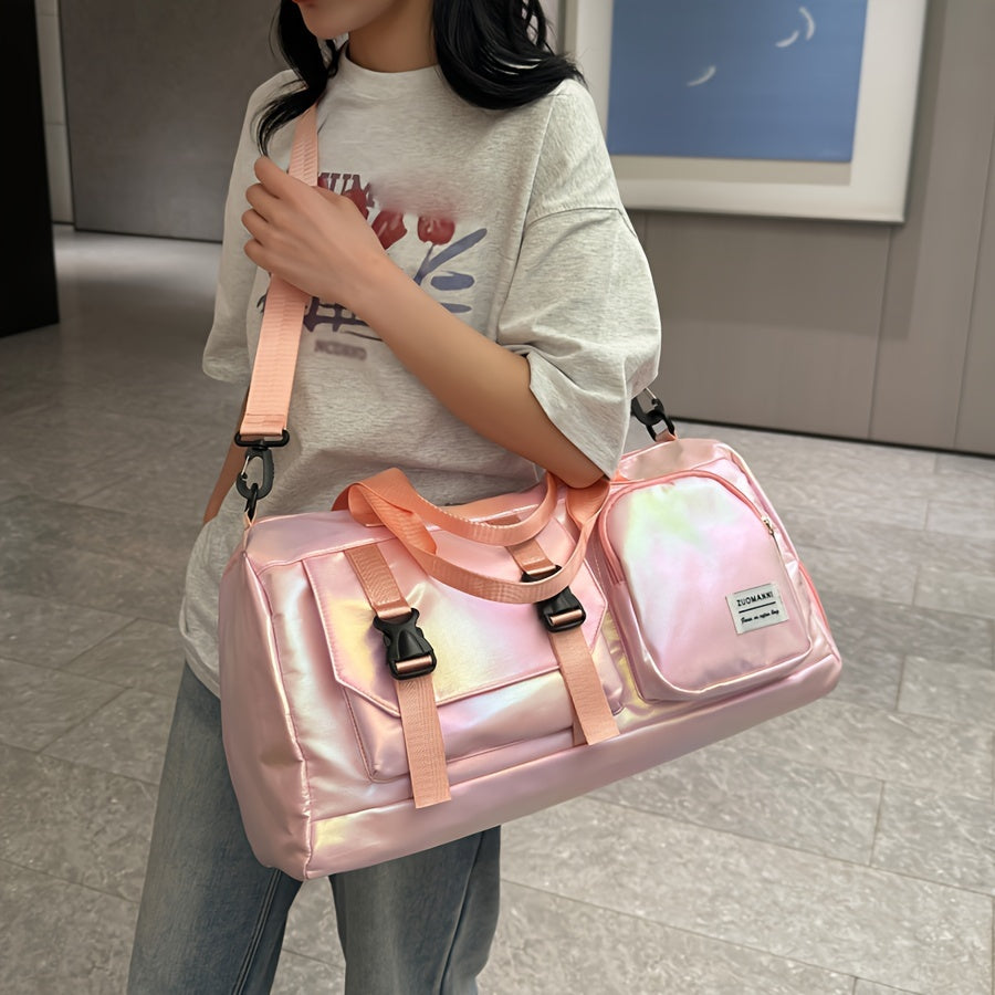 Large Capacity Women'S Nylon Travel Duffel Bag - Pink Iridescent Weekender Gym Tote with Shoe Compartment, Shoulder Strap & Multiple Pockets - Versatile Sports & Fitness Carry-On