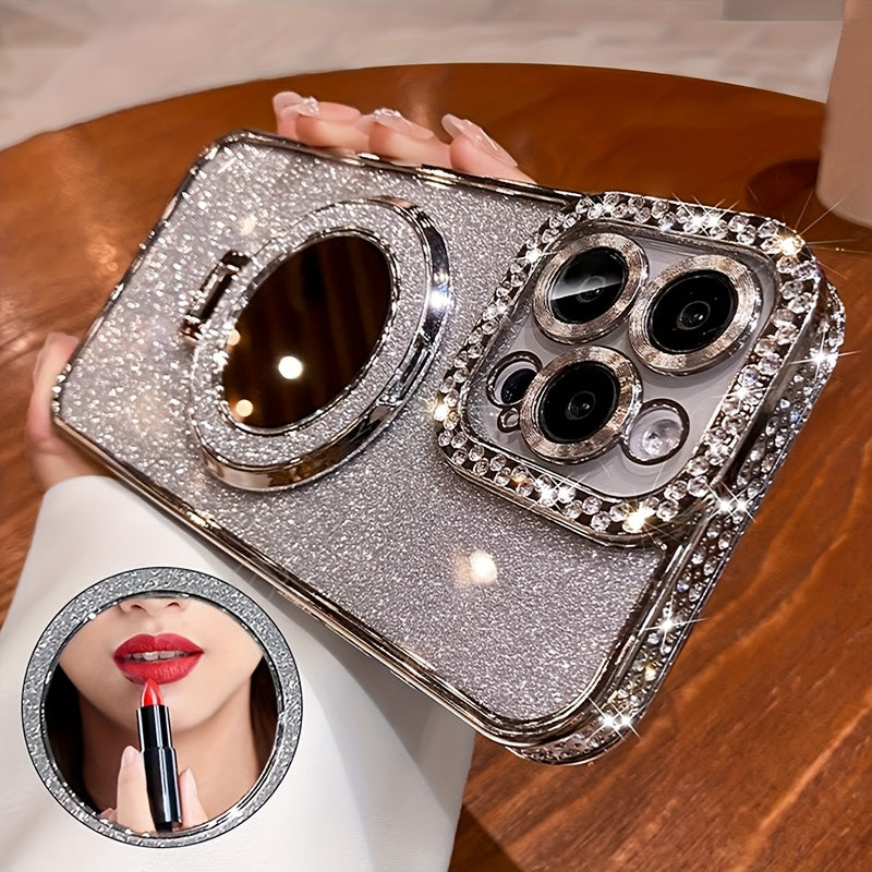New Luxury Premium Flash Double Row Diamond Mirror Magnetic Stand Full Lens Phone Case for Apple iPhone 16 15 Promax 14 Plus 13 Pro 12 11 Pro Max/Niche Transparent Anti-drop Soft Adhesive Protection Back Cover/boyfriend And G