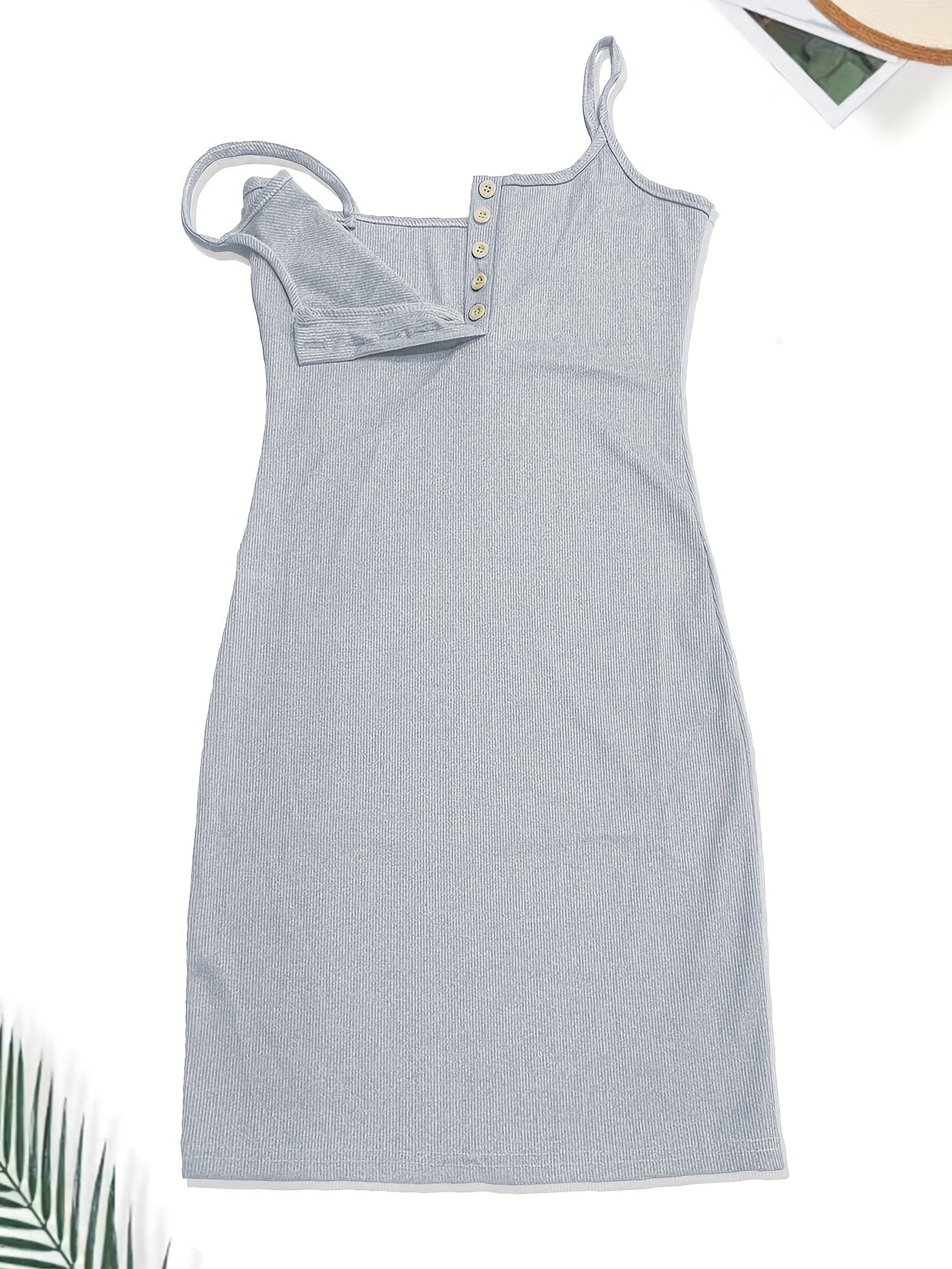 Elegant Button-Up Bodycon Midi Dress for Women - Sleeveless, Stretchy Polyester Knit, Solid Color, Sheer Nightdress with Front Button Closure and Ribbed Detailing, Light Blue, Perfect for Home and Commuting