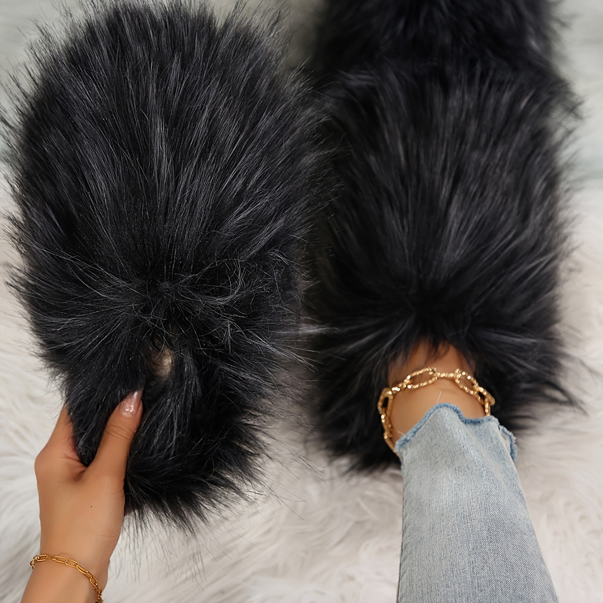 Women's Faux Fur Elegant Slippers – Korean Style, Warm All-Season House Shoes with Non-Slip Rubber Sole