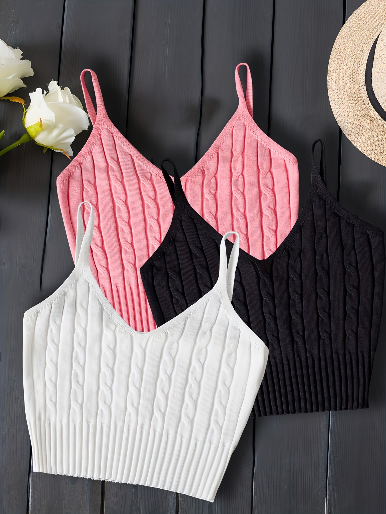 3-Pack Valentines Day Cable Knit Cami Tops - Soft V-Neck, Sleeveless Slim Crop, Adjustable Straps, Versatile Layering Essential - Womens Clothing, Celebrate Love in Style