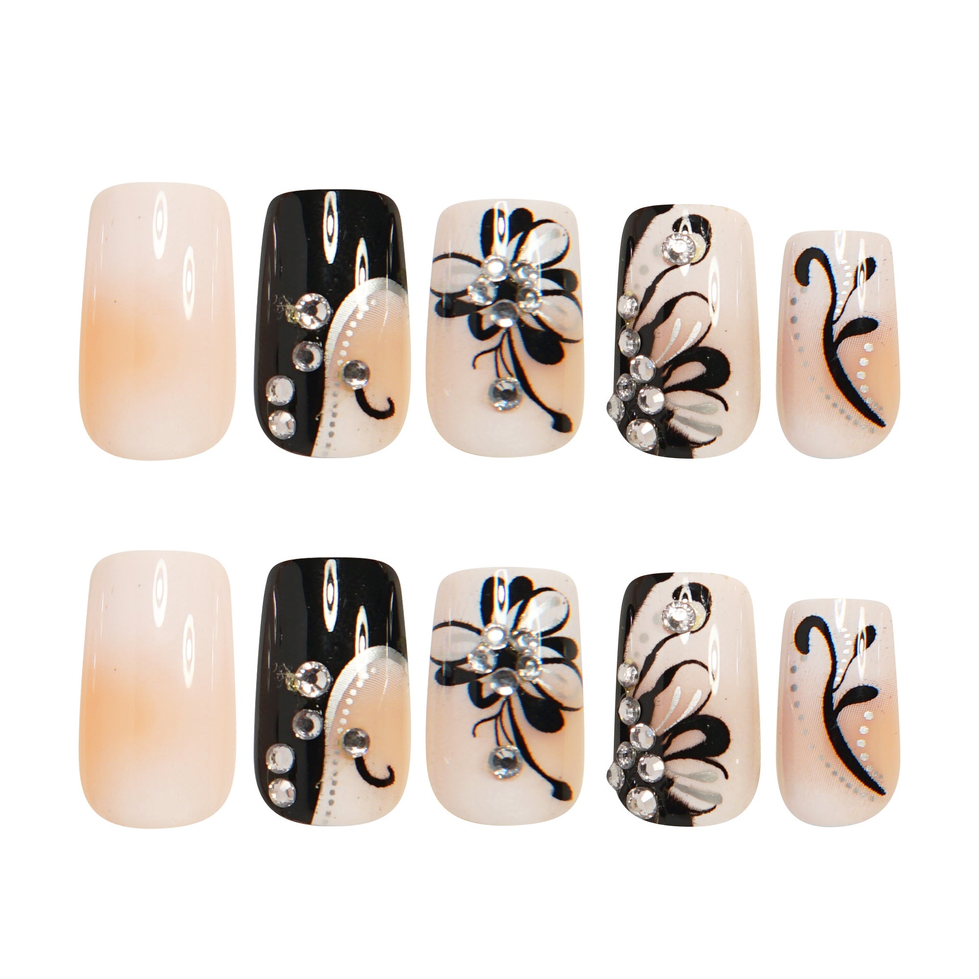 24pcs Elegant Black & White Floral Stripe Press-On Nails Set with Sparkling Rhinestones - Glossy Finish, Square Shape, Medium Length - Includes Jelly Glue & Nail File, Ideal for Fashion-Forward Women and Girls, Nail Art Charm