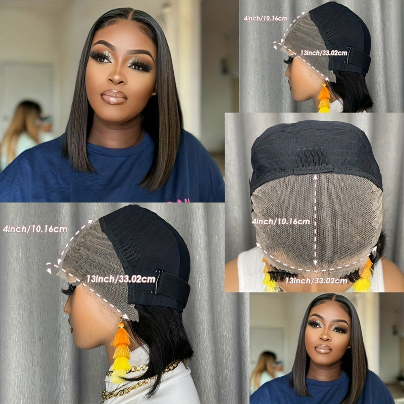 Glueless 13x4 Lace Frontal Wig Brazilian Human Hair Straight Bob Cut 150% Density Preplucked Natural Hairline & Bangs No Maintenance Elegant Wigs for Women All Ethnicities Every Occasion, Hair Wig, Versatile Hairpiece, Sleek