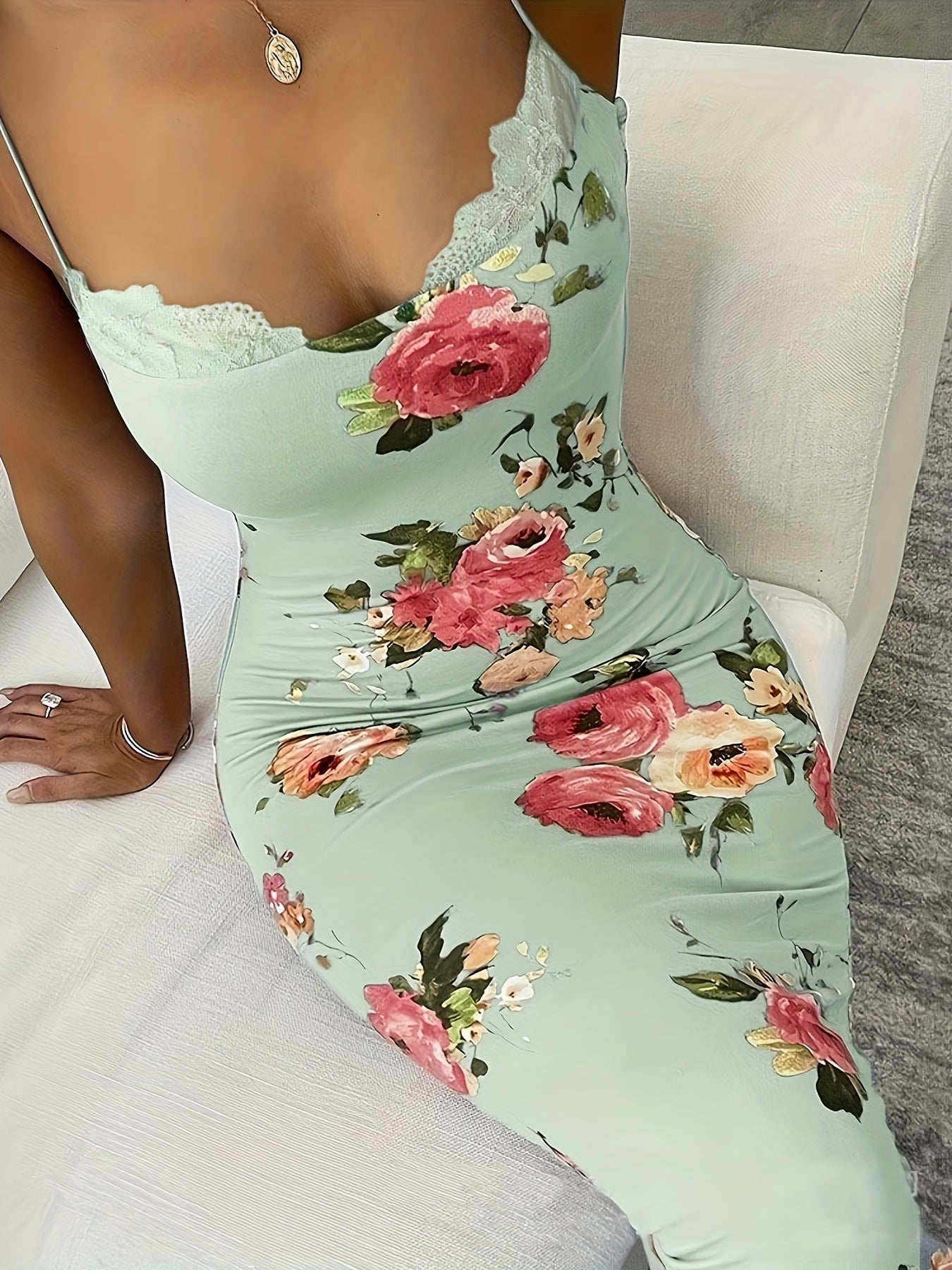Print Lace-Trim Cami Midi Dress - Sleeveless, Stretch Fit, Summer Women’s Fashion in Green with Vibrant Pink & Peach Flowers