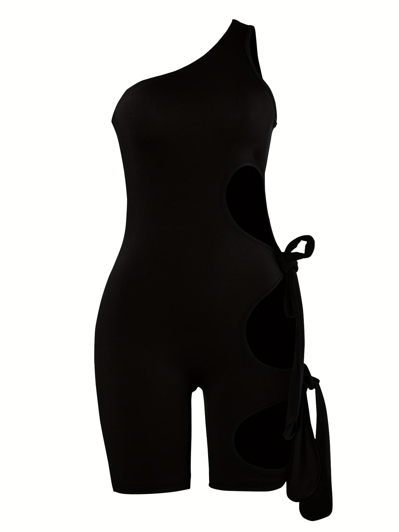 Sexy One-Shoulder Tie-Up Romper with Cut-Out Detail - Stretchy Polyester Blend, Sleeveless Bodycon Jumpsuit for Women, Perfect for Evening Outings
