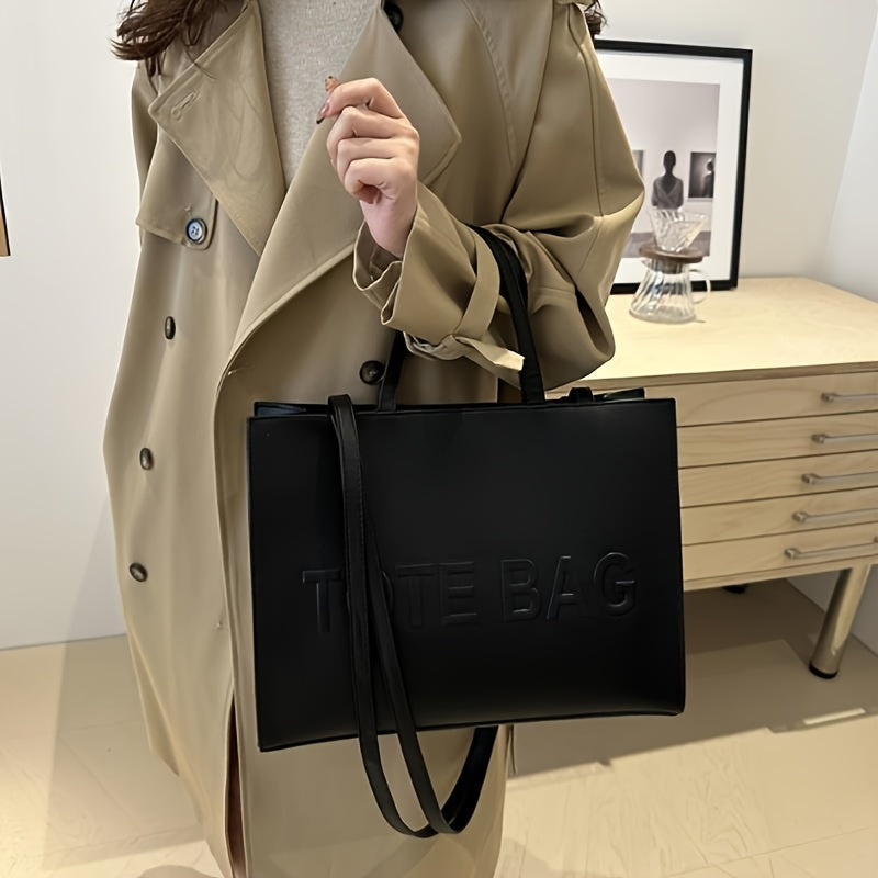 Stylish Black Tote Bag with "TOTE BAG" Embossed Design – Large Capacity Shoulder Handbag for Women, Perfect for Commuting and Casual Outings, Snap Button Closure