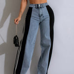 S391301 Fashion Striped Patchwork Wide-Leg Pants Casual Stretchy Waist Straight Trousers for Women