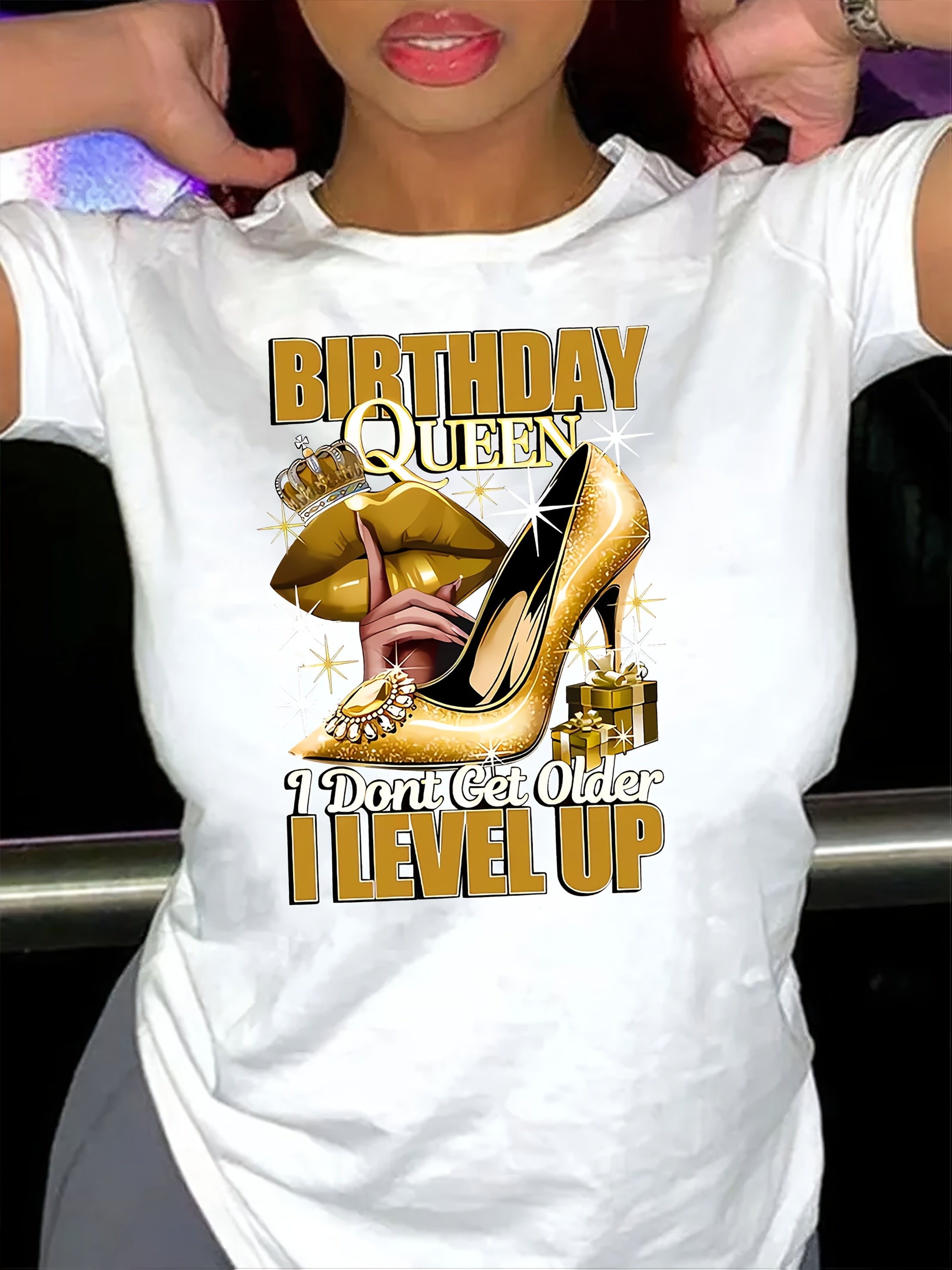Birthday Queen Printed Women'S T-Shirt - Casual Crew Neck, Short Sleeve Top with High Heels & Crown Design, Perfect for Spring/Summer Celebrations, Birthday Party Apparel | Festive Design | Golden Crown Graphic, Birthday Part