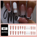 Show Your Beauty 24pcs of Medium Ballet Nails Simple and Elegant White Edge French Golden Stripes Bright White False Nails Fashionable Wearable Nails Suitable for Women and Girls Removable Press-on Nail Set with Jelly Glue an