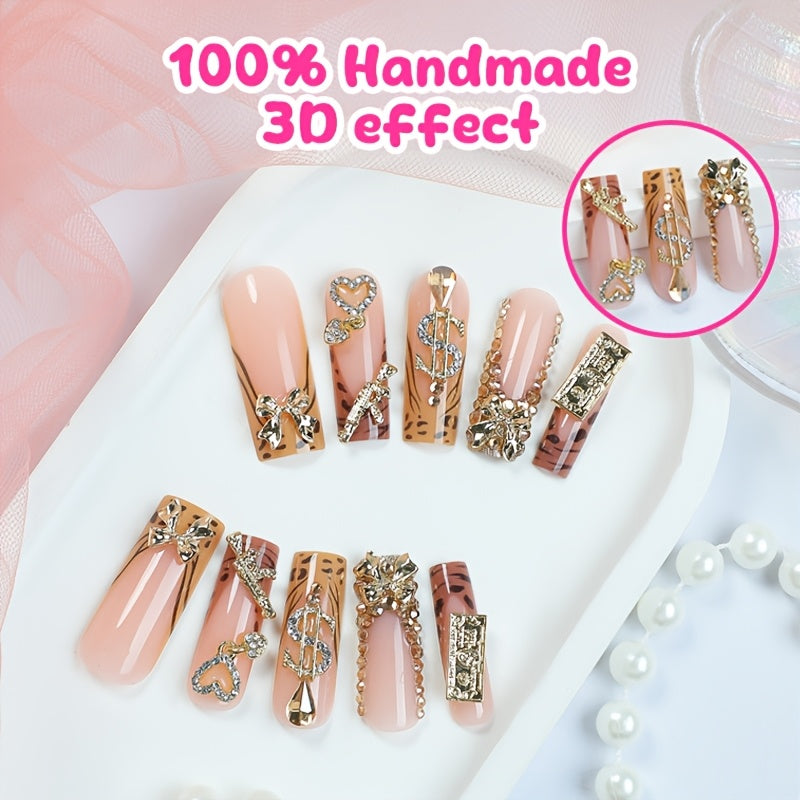 24pcs Luxury French Tip Press-On Nails Set, Leopard Print with 3D Golden Accents, Rhinestone Hearts & Dollar Symbols, Glossy Finish, Long Square False Nails for Women and Girls