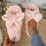 Cozy & Cute Women's Plush Slippers with Polka Dot Bow Design - Soft, Warm Indoor Footwear with Non-Slip EVA Sole, Perfect for Home Comfort in Spring & Autumn, House Slippers