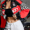 Women's Casual Letter & Checkered Print Long Sleeve Jacket - Stylish Blue & Black Zip-Up Crop Top with "44" Graphic, Perfect for Motorcycle Rides and Trendy Outfits