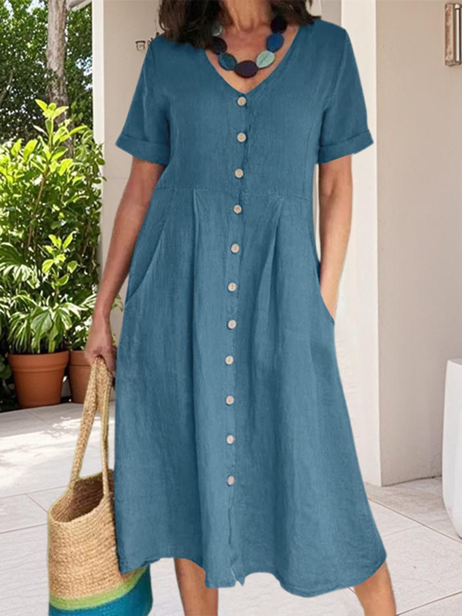 Ladies' Summer Casual Button Mini Dress, Pleated Short-Sleeved Solid Color Loose High-Waisted And Linen Dress