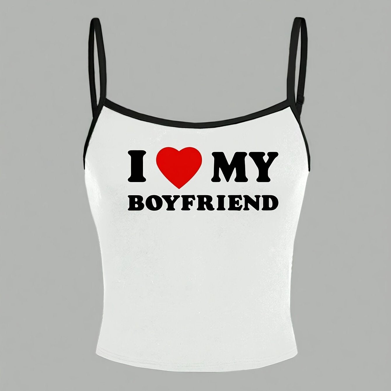 Y2K-Inspired "I Love My Boyfriend" Tank Top - White with Black Straps, Heart Graphic, Casual All-Season Top for Women, Casual Wear|Playful Graphic Top|Comfortable Strap Design, Y2K Tank Tops