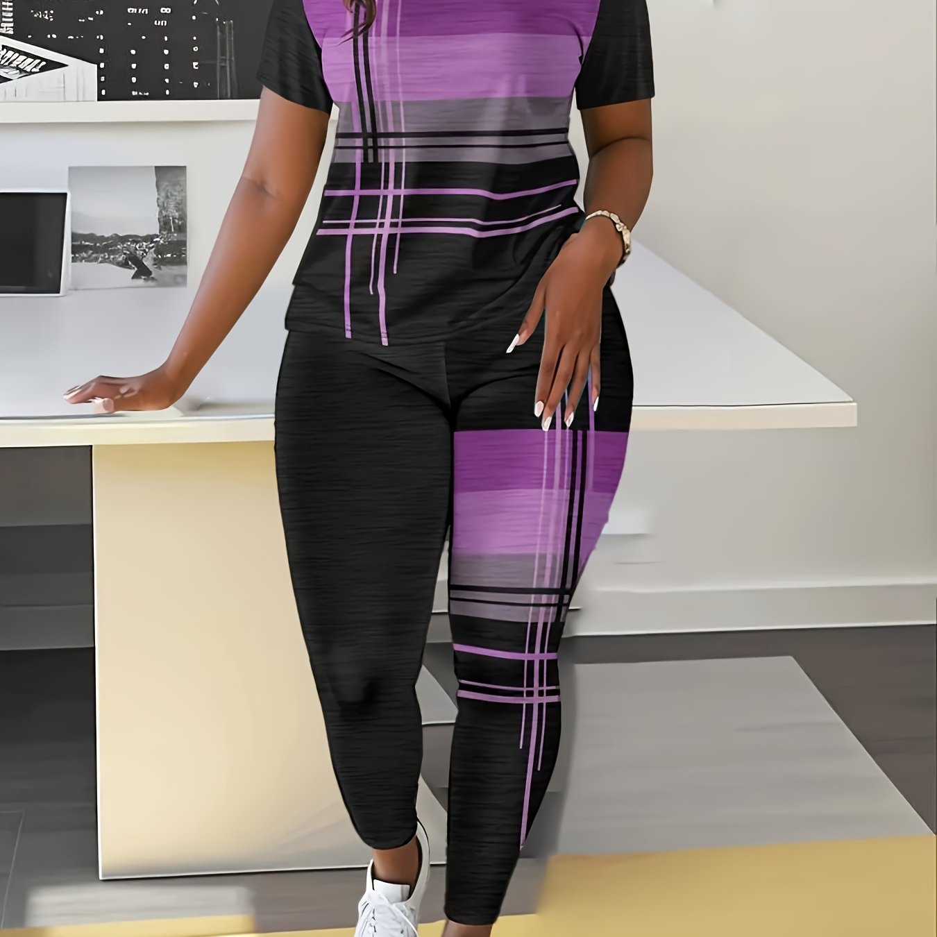 Yumi Duo Direction, Women's Printed Short Sleeve T-shirt + Long Pants Two-piece Set