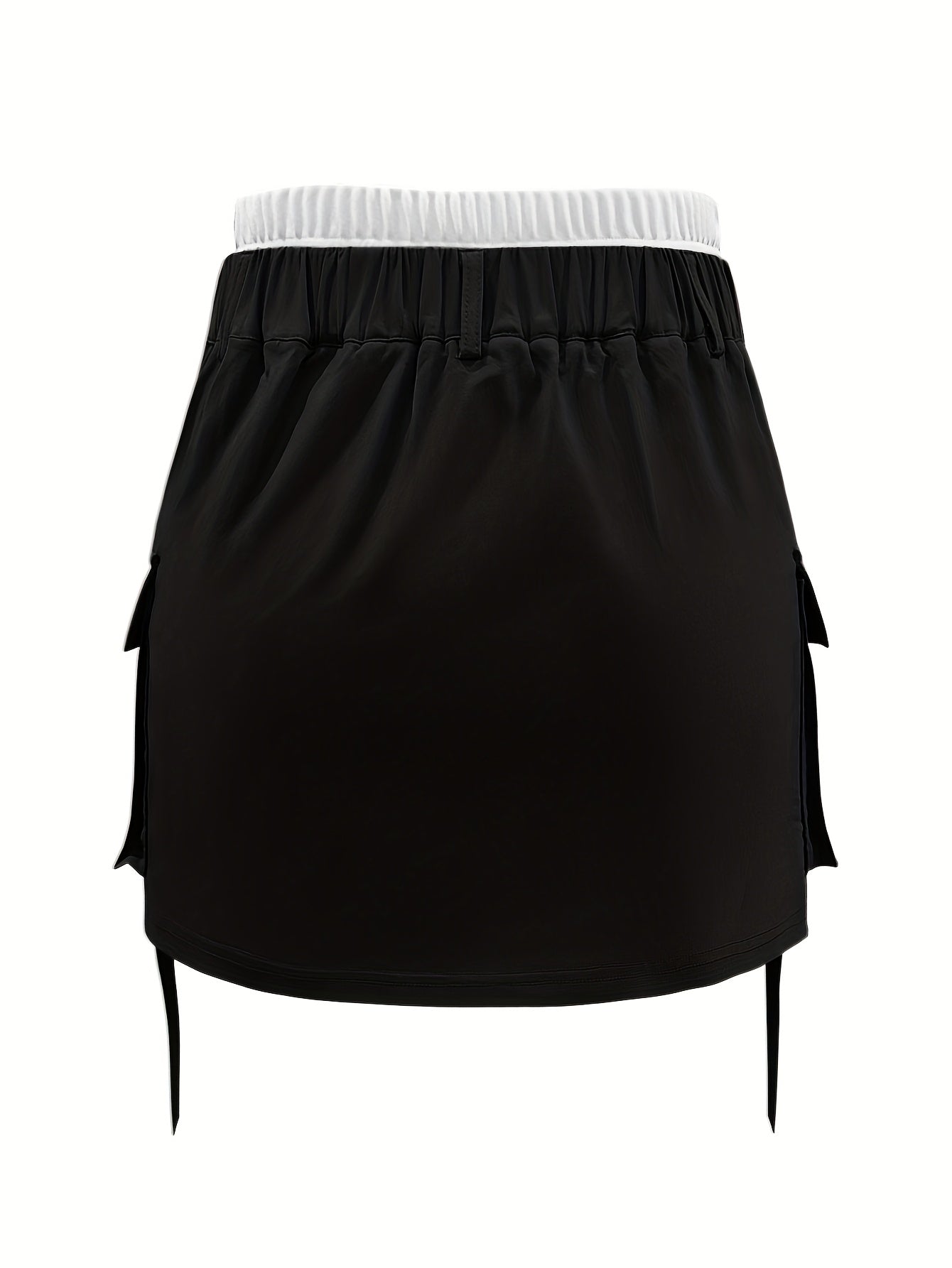Women's High-Waisted Casual Shorts with Contrast Waistband & Multiple Pockets - Solid Black Non-Stretch Fabric, Machine Washable All-Season Versatile Style, Functional Clothing, Durable Summer Wear