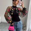 Women's Elegant Rose Embroidered Long Sleeve Blouse with Black & Pink Floral Contrast, Sheer Mesh Panels - Machine Washable Spring/Summer Top for Casual & Formal Wear, Delicate Fabric Top, Floral Print Blouse