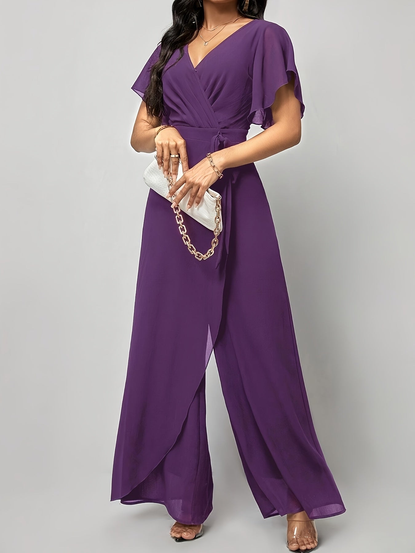Elegant Green V-Neck Jumpsuit for Women - Solid Color, Wide Leg with Ruffle Sleeves & Tie Waist, Lightweight Polyester, Machine Washable - Perfect for Spring & Summer