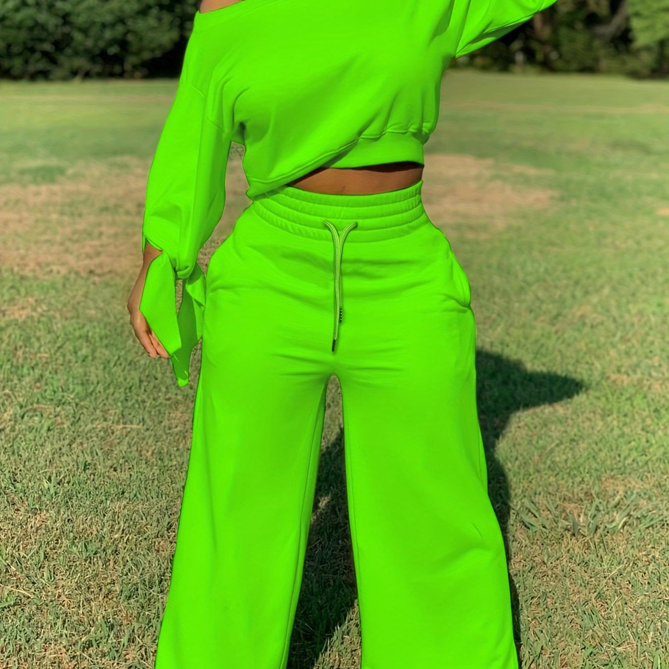 Solid Casual Two-piece Set, Slanted Shoulder Long Sleeve Tops & Drawstring Pants Outfits, Women's Clothing