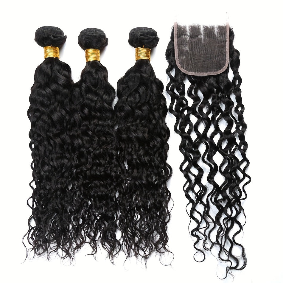 4 Bundles Water Wave Human Hair with 4x4 Lace Closure - 100% Virgin Remy Hair, Unprocessed Curly Wet and Wavy Weave for Natural Look, Includes Frontal Closure, Perfect for All Ethnicities