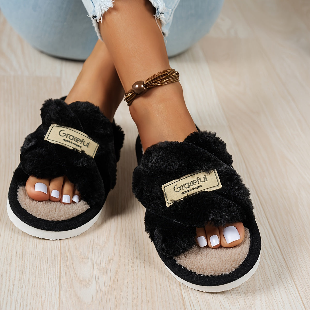 Women'S Minimalist Stylish Indoor Home Comfortable Silent Warm Soft-Soled Open-Toe Slide Slippers