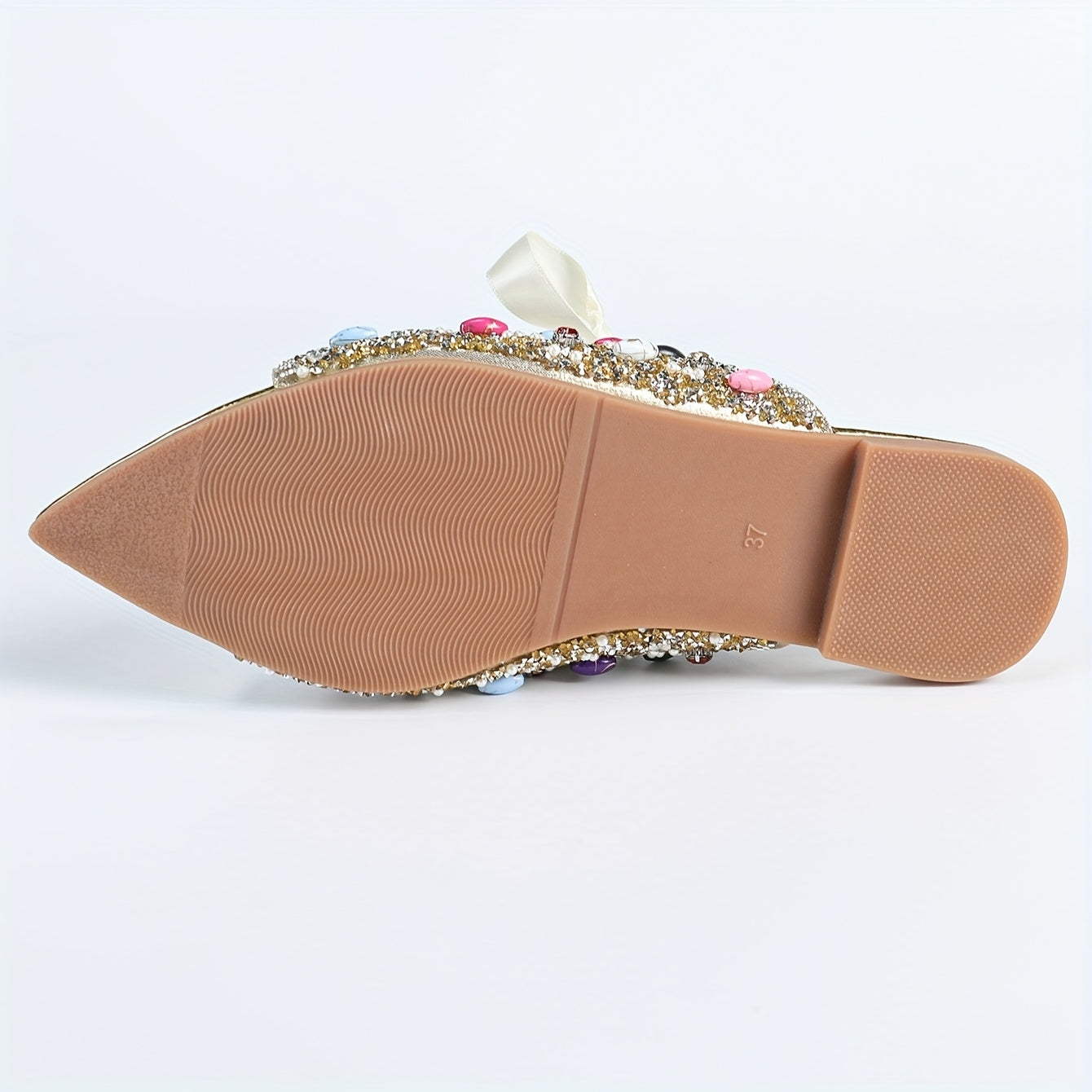 Women's Golden Glitter Rhinestone Flat Sandals with Pointed Toe & Bowknot - Colorful Gemstone Design, Comfortable PVC Upper & TPR Sole for Travel & Outdoor Wear, Travel Sandals | Occasion Shoes | Rhinestone Embellishments, La