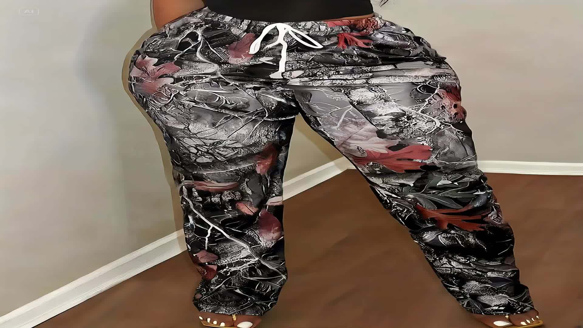 Chic Camo & Branch Print Skinny Pants for Women - Stretchy Polyester Blend, Machine Washable, Sexy High-Waist Design, European And American Style, Slimming