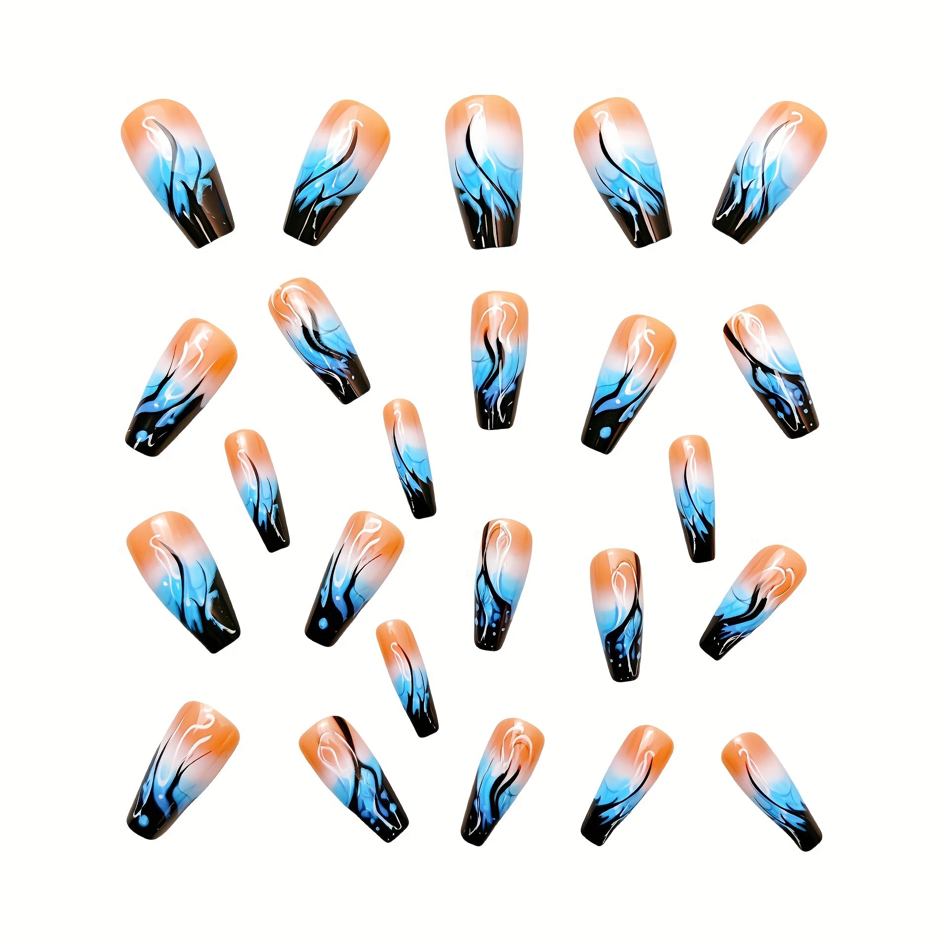 24pcs Bright Blue Gradient Flame Press-on Nails - Ballet Shape, Medium Length, Flame Design, Removable - Perfect Spring/Summer Fashion Choice