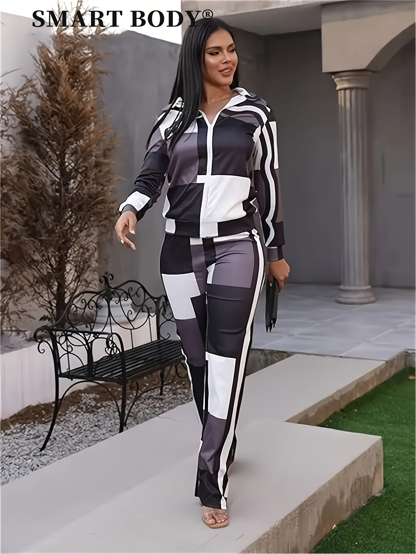 Chic Geo Print Casual Two-piece Tracksuit Set, Women Zip Up Long Sleeve Tops Jacket & Long Flare Pants Outfits, Geometric Plaid Patchwork Matching 2pcs Casual Sweatsuits, Color Block Zipper Jackets And Wide Leg Jogger, Women'