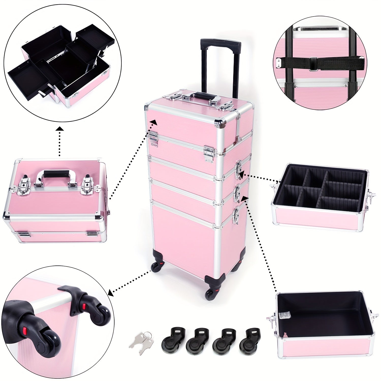 4in 1 Aluminum Cosmetic Professional Makeup Case Tattoo Box, Extra Large Cosmetic Case Rolling Makeup Case Trolley Makeup Travel Organizer with 360° Swivel Wheels Pink Black