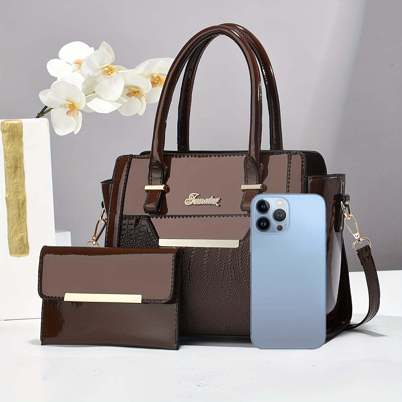 Vintage Crocodile Pattern Faux Leather Tote Bag Set – 2-Piece Handbag & Clutch with Adjustable Strap, Zipper Closure, Stylish Crossbody for Work, Travel & Gifting