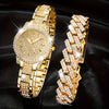2pcs Ladies Watch Set Fashion Casual Ladies Quartz Watch and Fashion Casual Hip Hop Bracelet
