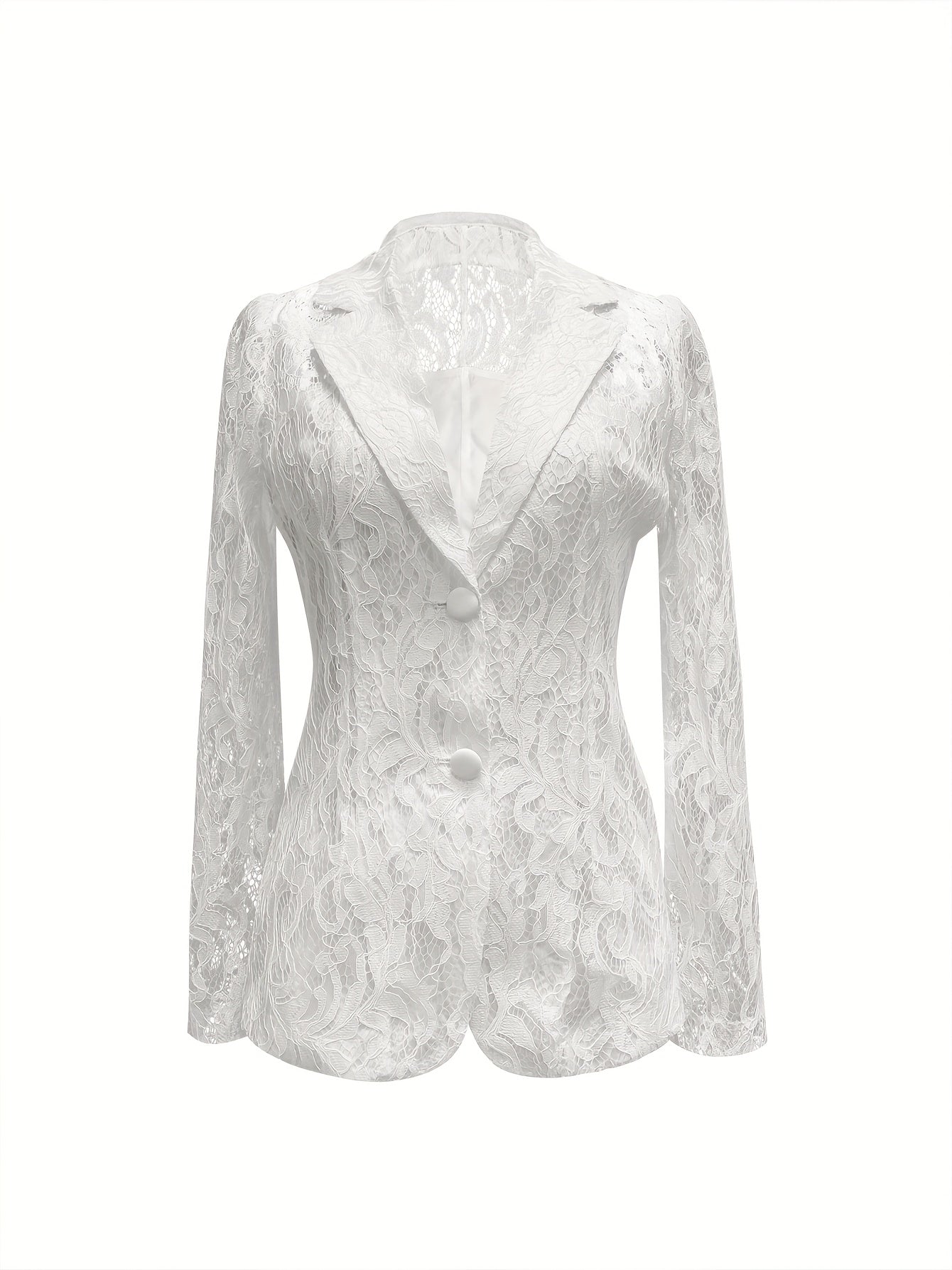 Elegant Lace Single-Breasted Blazer with Flap Collar - White Polyester, Long Sleeve, Button-Up, Spring/Summer Fashion, Elegant Attire|Flap Collar Blazer|Polyester Blazer