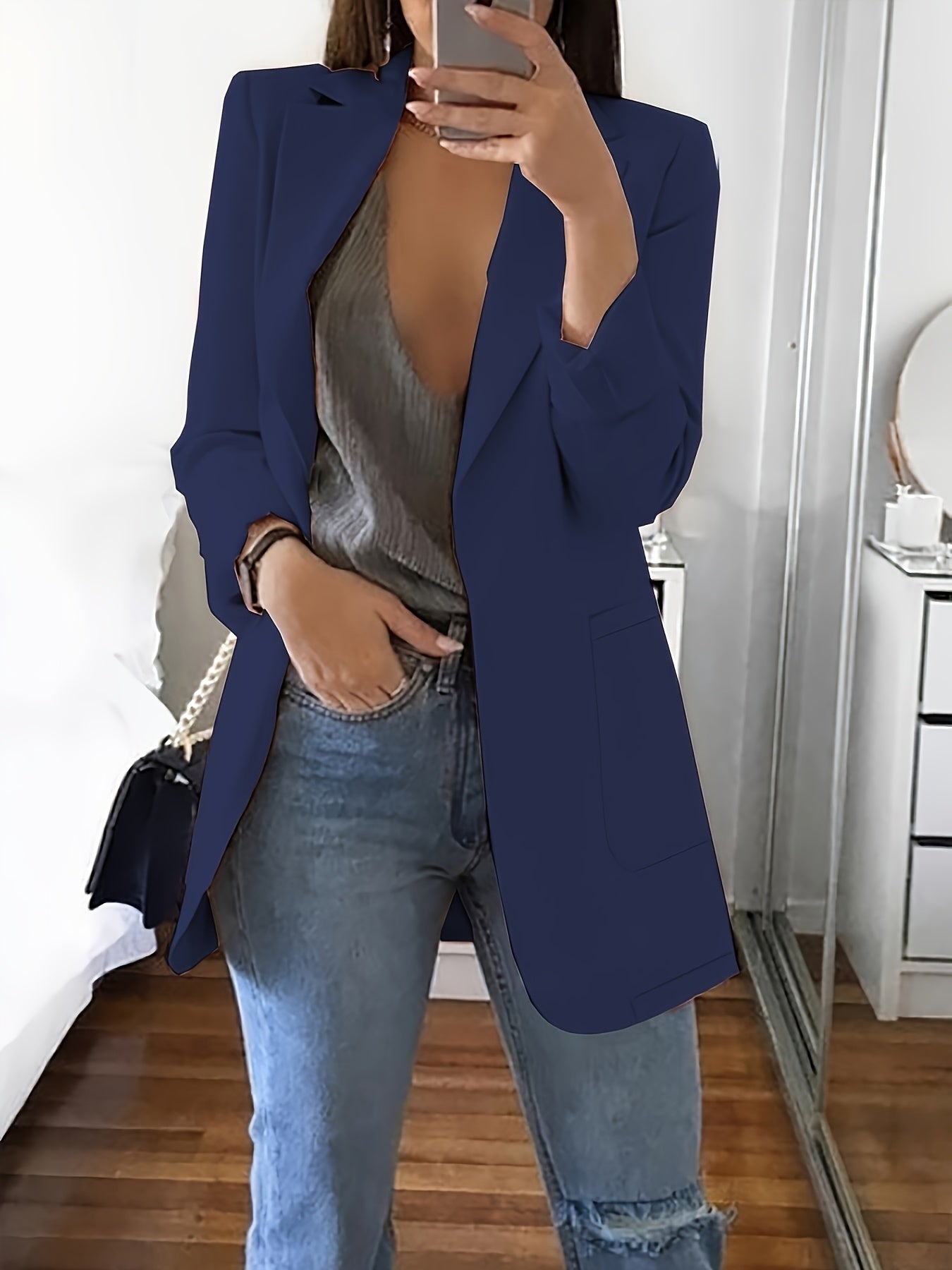 2pcs Stylish Solid Color Blazer & Top Set for Women - Casual Long Sleeve Buttonless Placket with Pockets, Polyester, H-Line, Spring/Summer/Fall, Casual Attire|Modern Casualwear|Polyester Jacket