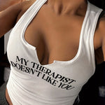 Letter Print Notched Neck Tank Top, Casual Sleeveless Crop Top for Spring & Summer, Women's Clothing