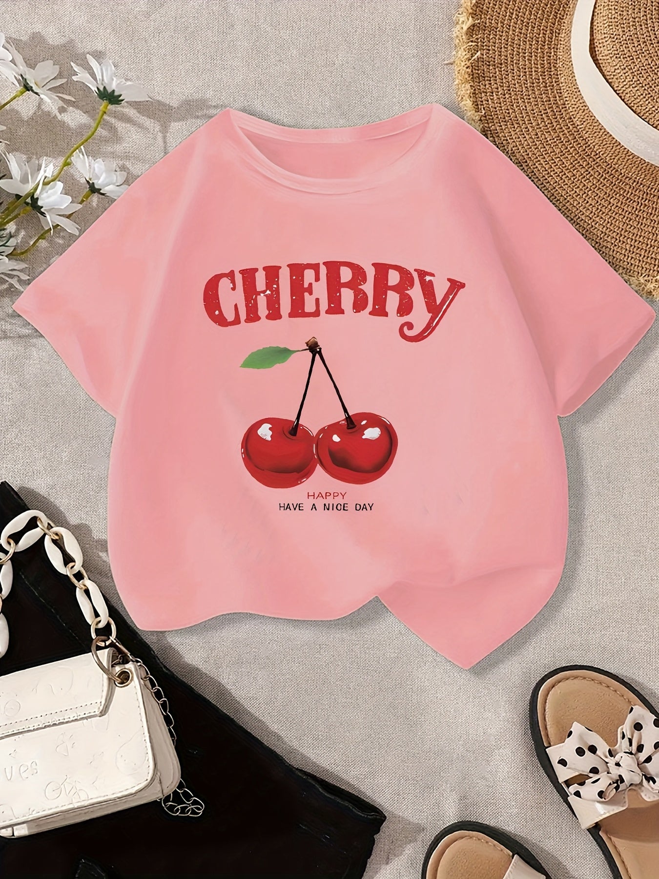 Girls' Cherry Graphic Tee - Soft & Quick-Dry Polyester Blend, Casual Round Neck Short Sleeve T-Shirt with "Have a Nice Day" Print, Perfect for Spring/Summer Outings, Girls Tshirts