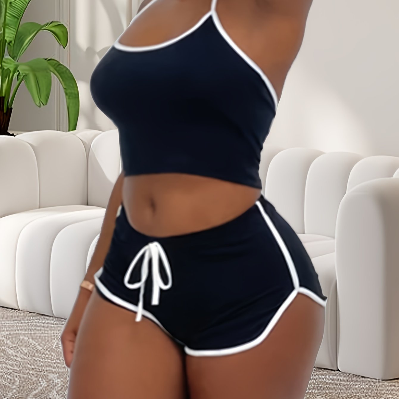Sexy Solid Binding Lounge Set, Halter Neck Backless Crop Cami Top & Elastic Shorts - Women's Loungewear & Sleepwear - For Women - Perfect for Relaxing at Home - Ideal Gift for Her