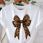 Women's Casual Leopard Print Bowknot T-Shirt - Short Sleeve, Round Neck, Soft & Comfortable Fabric, Perfect for Spring/Summer Fashion, Green Graphic Tee with Stylish Bow Design, Casual Wear | Playful Graphic Tee | Stylish Gra