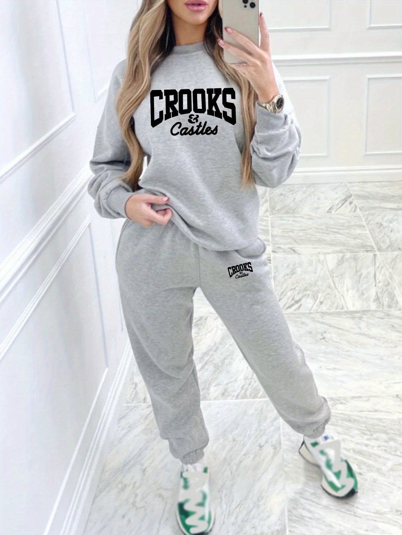 Women'S Casual Stylish Geometric Letter Pattern Printed Pullover And Sweatpants Set - Long Sleeves, Round Neck, Polyester Blend, Perfect Choice for Autumn And Winter.