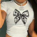 Women'S Money Bow Print Crop Top, Polyester 95% Elastane 5%, Casual Crew Neck Short Sleeve Knit Fabric, All-Season Fashion Tight-Fitting Tee, 180gsm - Orange/White